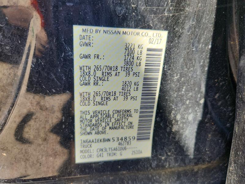 Aukcja sprzedaży 2017 Nissan Titan, vin: 1N6AA1EK8HN534859, numer aukcji: 60281246