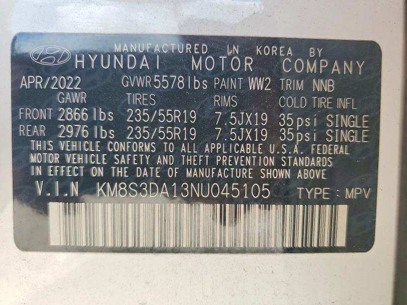 Продажа на аукционе авто 2022 Hyundai Santa Fe, vin: KM8S3DA13NU045105, номер лота: 59799616