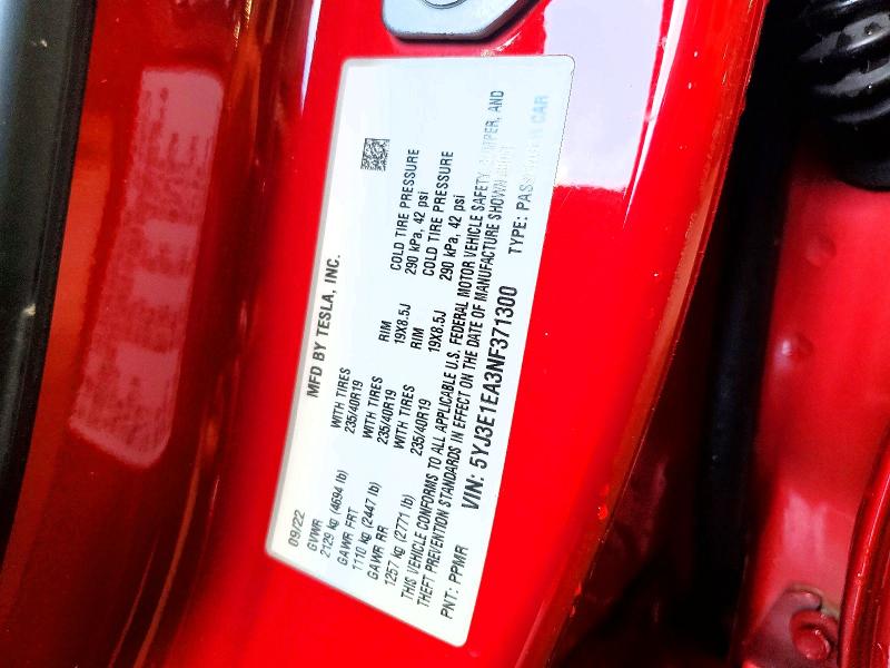 60666956 :رقم المزاد ، 5YJ3E1EA3NF371300 vin ، 2022 Tesla Model 3 مزاد بيع