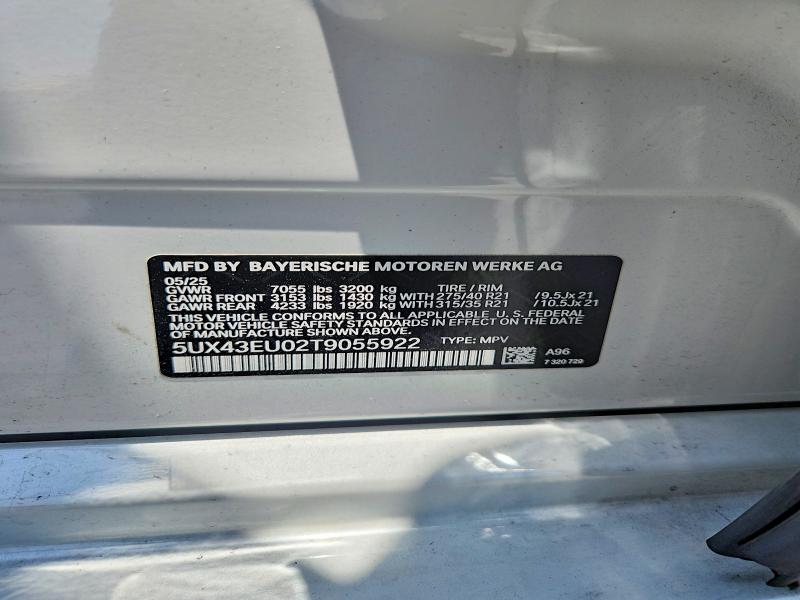 2026 Bmw X5 მანქანა იყიდება აუქციონზე, vin: 5UX43EU02T9055922, აუქციონის ნომერი: 61971586