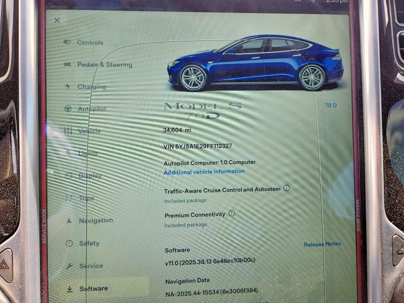 2015 Tesla Model S მანქანა იყიდება აუქციონზე, vin: 5YJSA1E29FF112327, აუქციონის ნომერი: 60917386