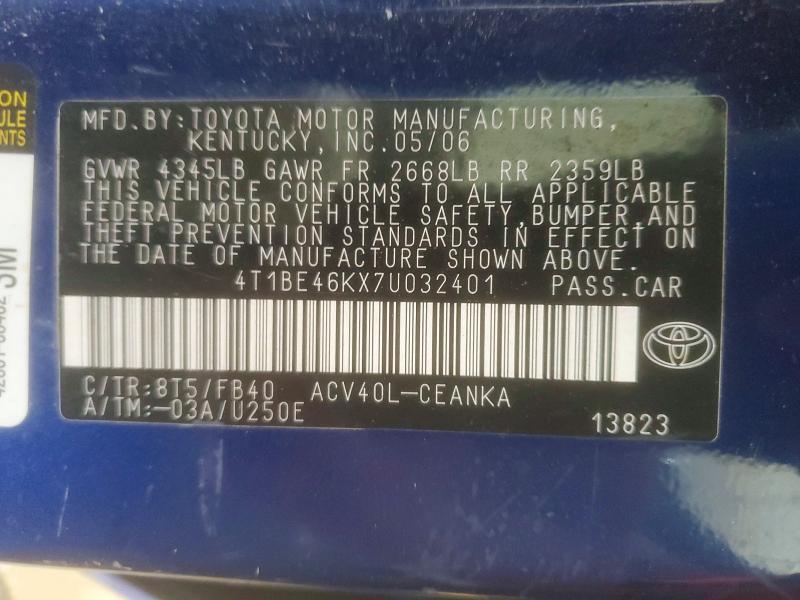Продаж на аукціоні авто 2007 Toyota Camry, vin: 4T1BE46KX7U032401, номер лоту: 62872106