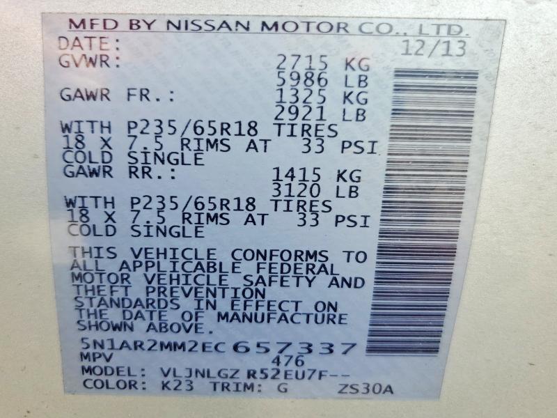 Aukcja sprzedaży 2014 Nissan Pathfinder, vin: 5N1AR2MM2EC657337, numer aukcji: 61534026
