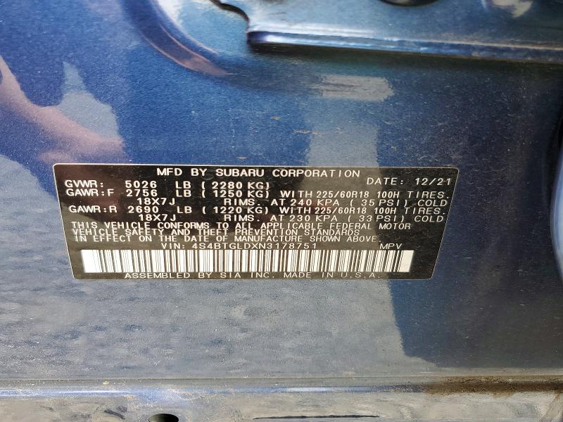 62353176 :رقم المزاد ، 4S4BTGLDXN3178751 vin ، 2022 Subaru Outback مزاد بيع