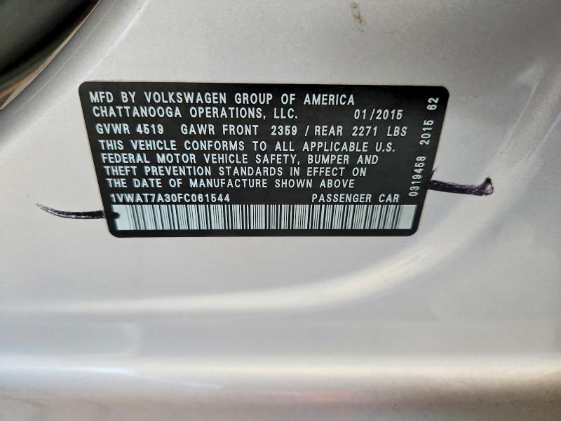 2015 Volkswagen Passat მანქანა იყიდება აუქციონზე, vin: 1VWAT7A30FC061544, აუქციონის ნომერი: 58396056