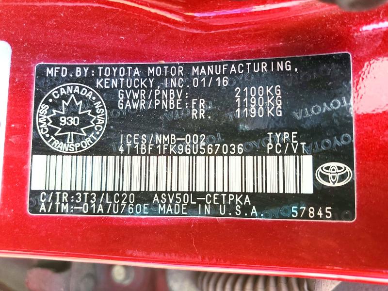 Aukcja sprzedaży 2016 Toyota Camry, vin: 4T1BF1FK9GU567036, numer aukcji: 60288706