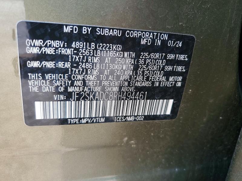 Aukcja sprzedaży 2024 Subaru Forester, vin: JF2SKADC8RH494461, numer aukcji: 60917986