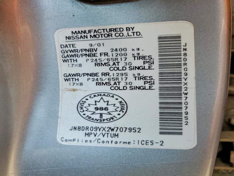 Auction sale of the 2002 Nissan Pathfinder, vin: JN8DR09YX2W707952, lot number: 60032216