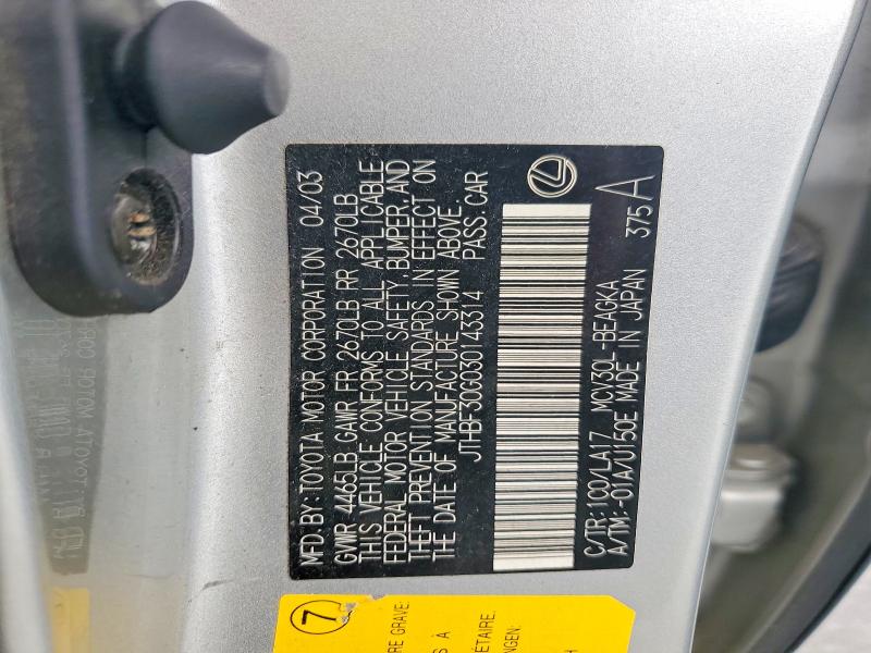 Продаж на аукціоні авто 2003 Lexus Es, vin: JTHBF30G030143314, номер лоту: 60373046