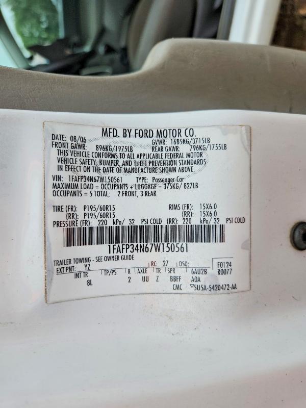 2007 Ford Focus მანქანა იყიდება აუქციონზე, vin: 1FAFP34N67W150561, აუქციონის ნომერი: 62416546