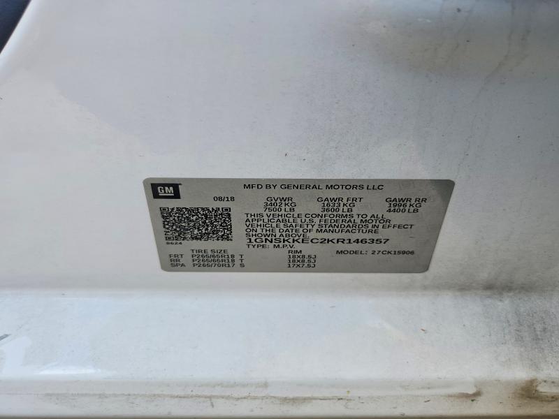 2019 Chevrolet Suburban მანქანა იყიდება აუქციონზე, vin: 1GNSKKEC2KR146357, აუქციონის ნომერი: 60279586