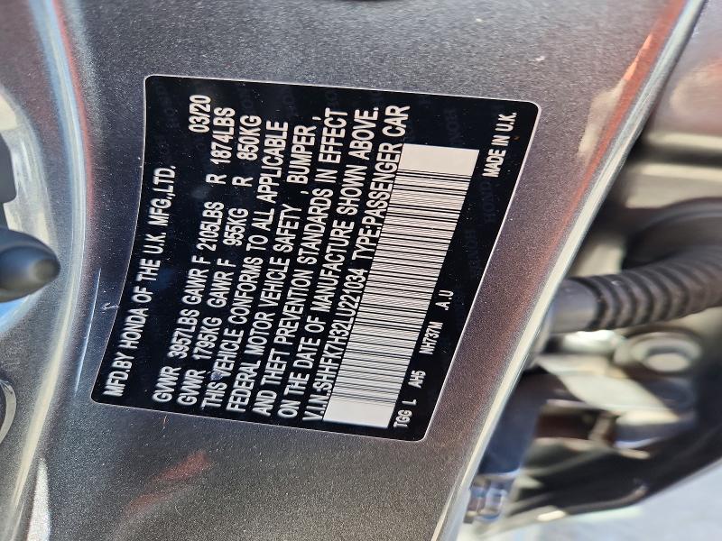 Продаж на аукціоні авто 2020 Honda Civic, vin: SHHFK7H32LU221034, номер лоту: 61785416