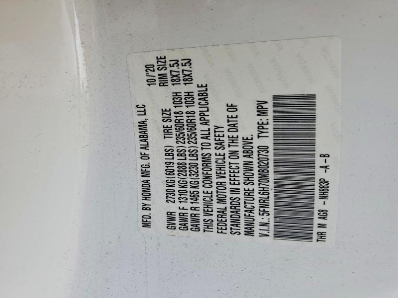 2021 Honda Odyssey მანქანა იყიდება აუქციონზე, vin: 5FNRL6H70MB020730, აუქციონის ნომერი: 60494626