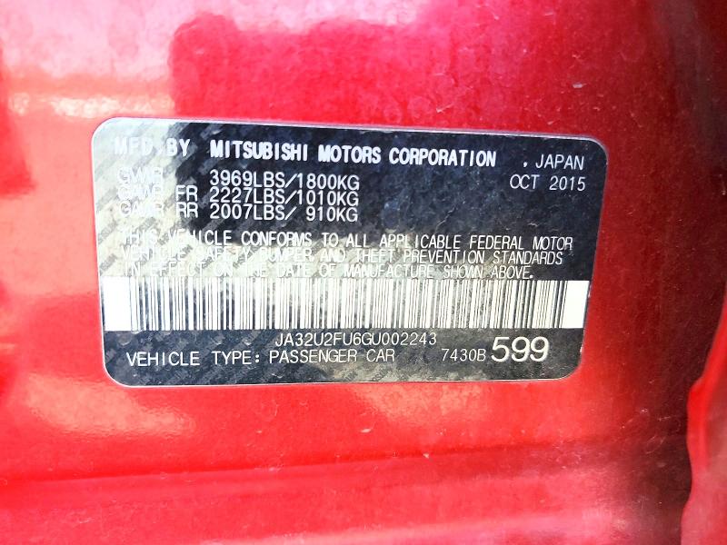 2016 Mitsubishi Lancer მანქანა იყიდება აუქციონზე, vin: JA32U2FU6GU002243, აუქციონის ნომერი: 62343886