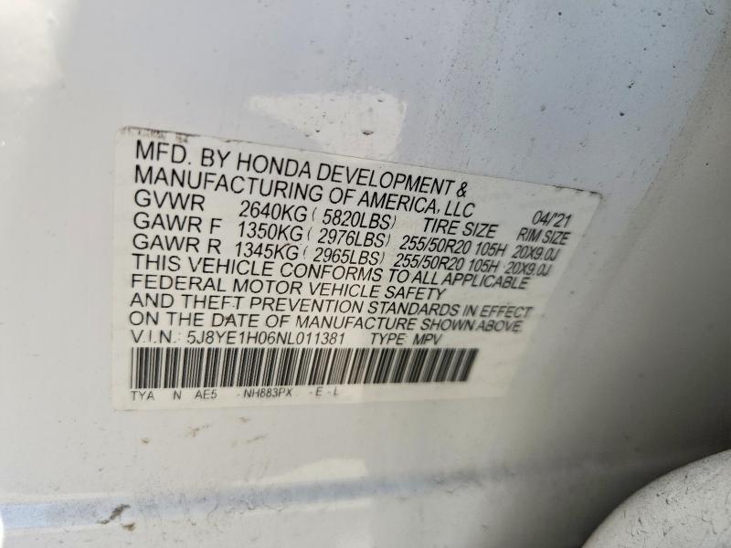 85448155 :رقم المزاد ، 5J8YE1H06NL011381 vin ، 2022 Acura Mdx مزاد بيع