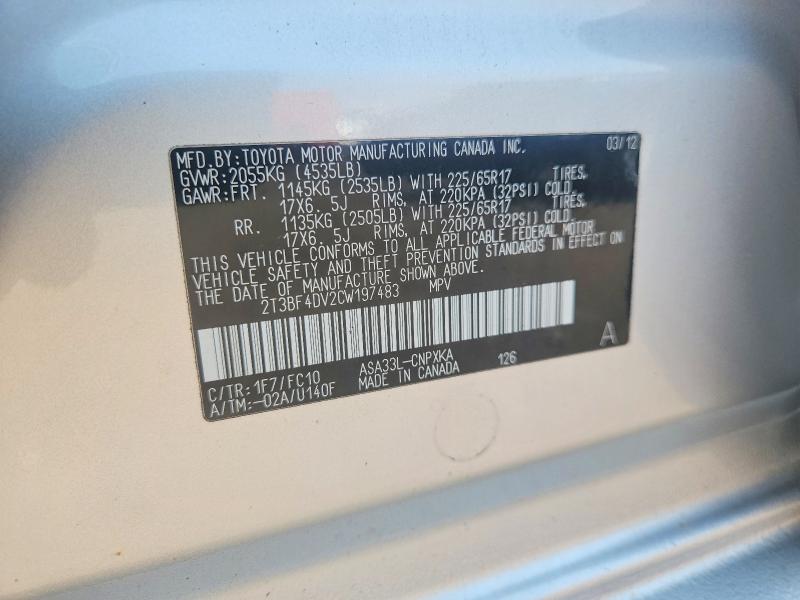 62878886 :رقم المزاد ، 2T3BF4DV2CW197483 vin ، 2012 Toyota Rav4 مزاد بيع
