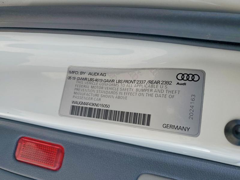 2019 Audi A4 მანქანა იყიდება აუქციონზე, vin: WAUGMAF43KN015050, აუქციონის ნომერი: 59910396