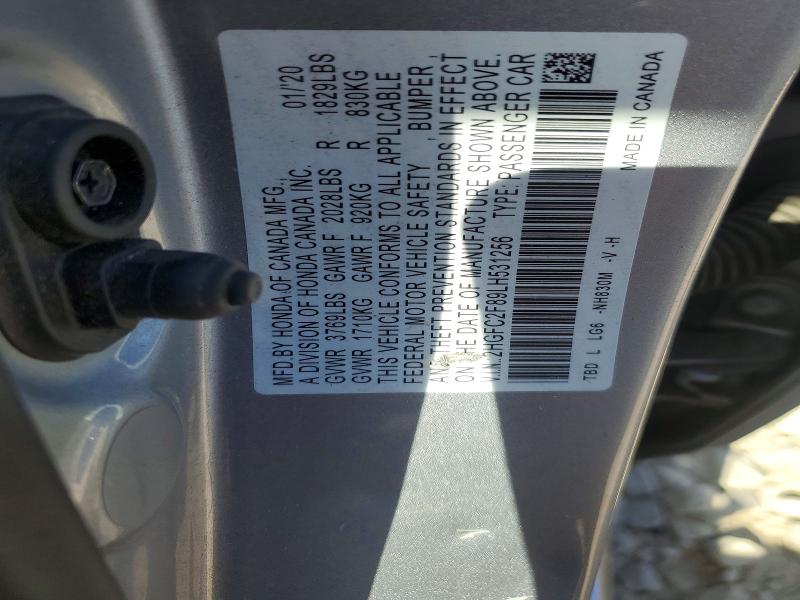 60646446 :رقم المزاد ، 2HGFC2F89LH531256 vin ، 2020 Honda Civic مزاد بيع