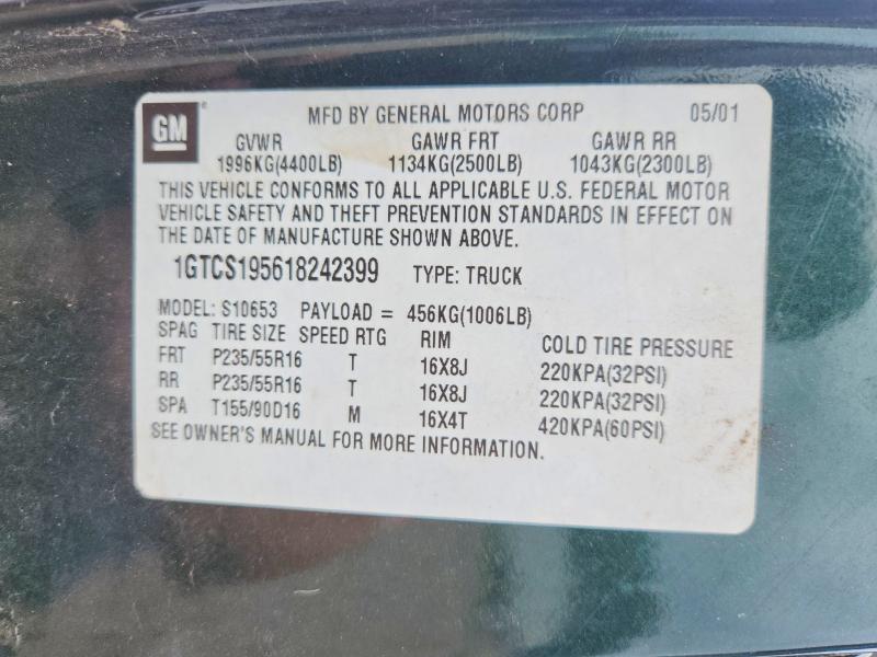 2001 Gmc Sonoma მანქანა იყიდება აუქციონზე, vin: 1GTCS195618242399, აუქციონის ნომერი: 61942896