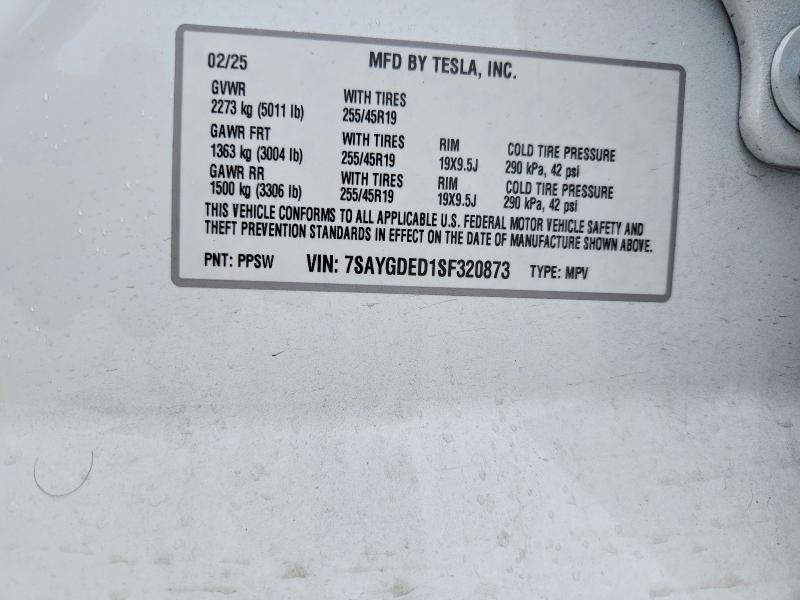 61437736 :رقم المزاد ، 7SAYGDED1SF320873 vin ، 2025 Tesla Model Y مزاد بيع