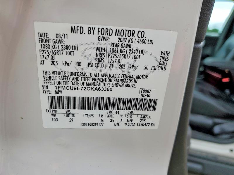Aukcja sprzedaży 2012 Ford Escape, vin: 1FMCU9E72CKA63360, numer aukcji: 61980616