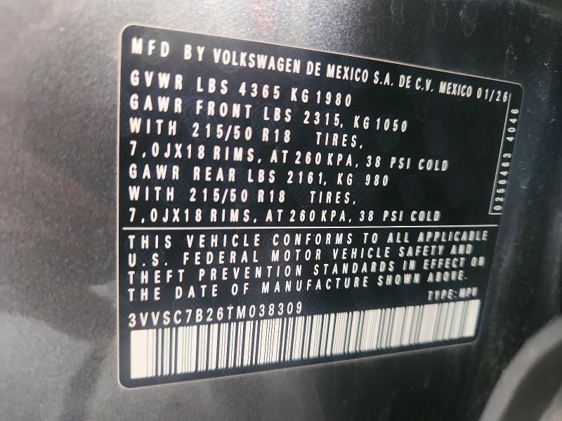 Aukcja sprzedaży 2026 Volkswagen Taos, vin: 3VVSC7B26TM038309, numer aukcji: 63168156