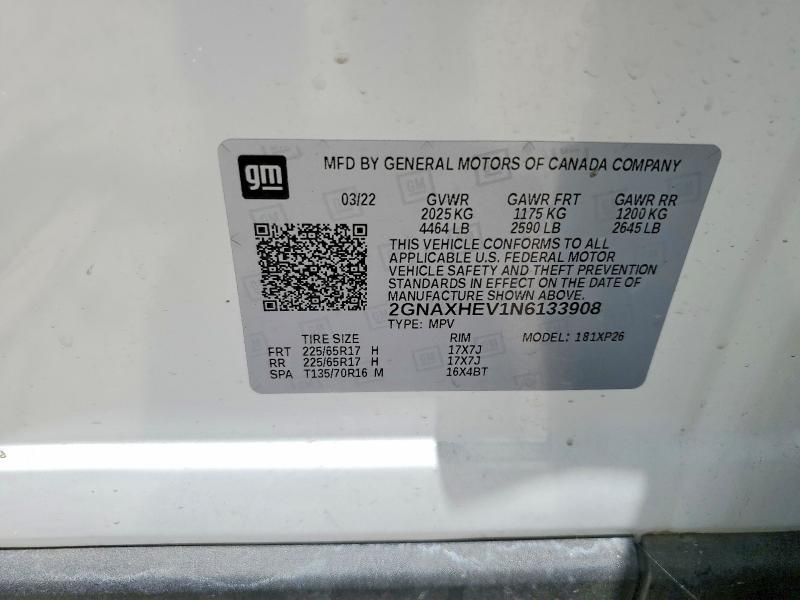 Продажа на аукционе авто 2022 Chevrolet Equinox, vin: 2GNAXHEV1N6133908, номер лота: 58703786