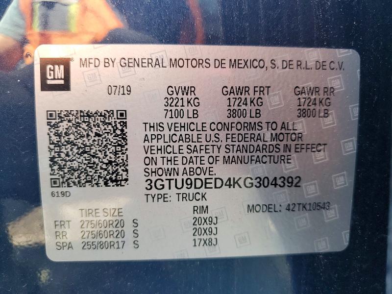 Продаж на аукціоні авто 2019 Gmc Sierra, vin: 3GTU9DED4KG304392, номер лоту: 62460196