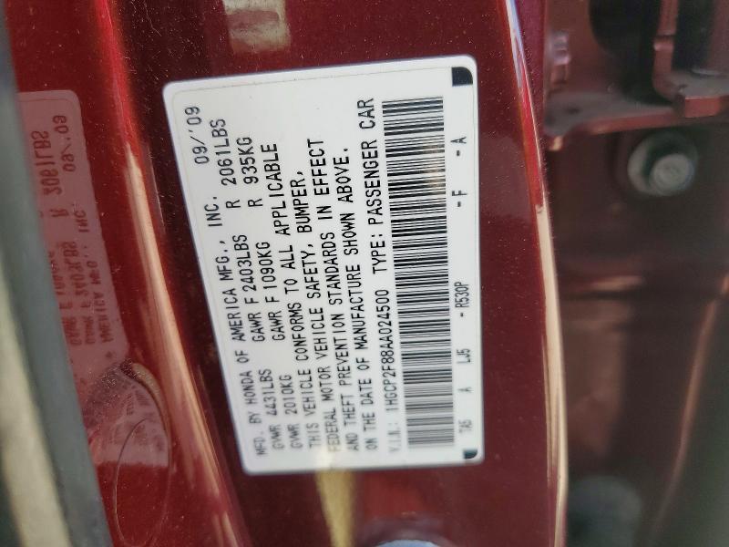 2010 Honda Accord მანქანა იყიდება აუქციონზე, vin: 1HGCP2F88AA024500, აუქციონის ნომერი: 61084386