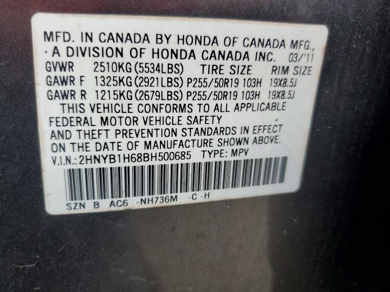 60612566 :رقم المزاد ، 2HNYB1H68BH500685 vin ، 2011 Acura Zdx مزاد بيع
