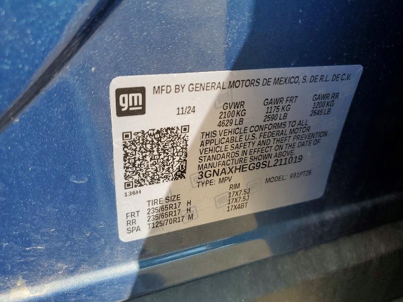2025 Chevrolet Equinox მანქანა იყიდება აუქციონზე, vin: 3GNAXHEG9SL211019, აუქციონის ნომერი: 59607336