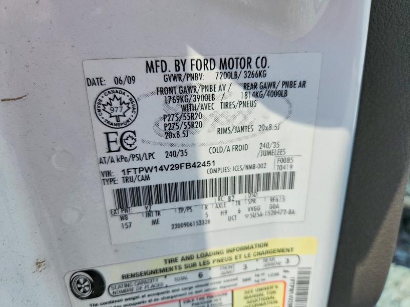 62937876 :رقم المزاد ، 1FTPW14V29FB42451 vin ، 2009 Ford F150 مزاد بيع