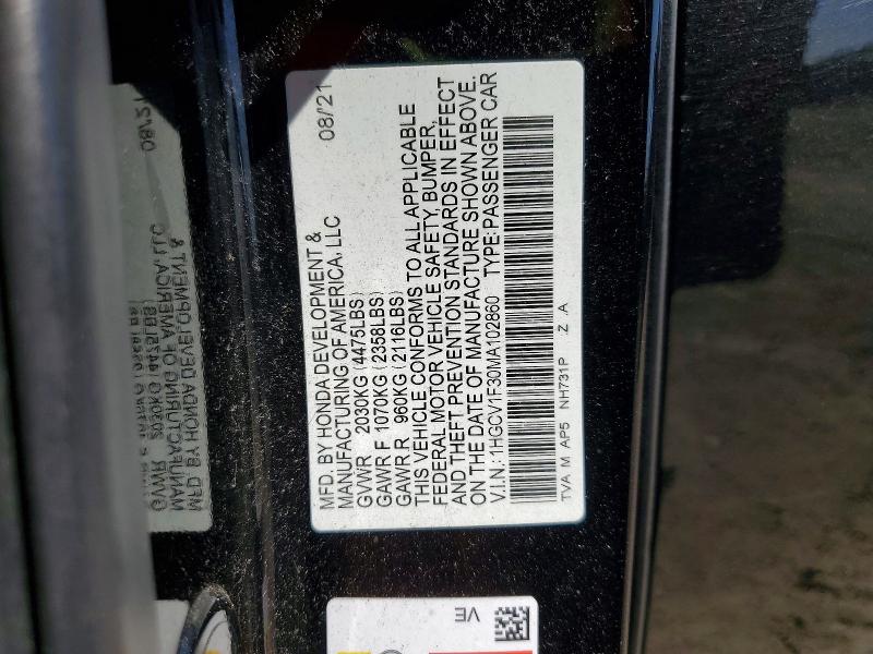 61355386 :رقم المزاد ، 1HGCV1F30MA102860 vin ، 2021 Honda Accord مزاد بيع