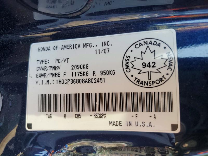 62977636 :رقم المزاد ، 1HGCP36808A802451 vin ، 2008 Honda Accord مزاد بيع