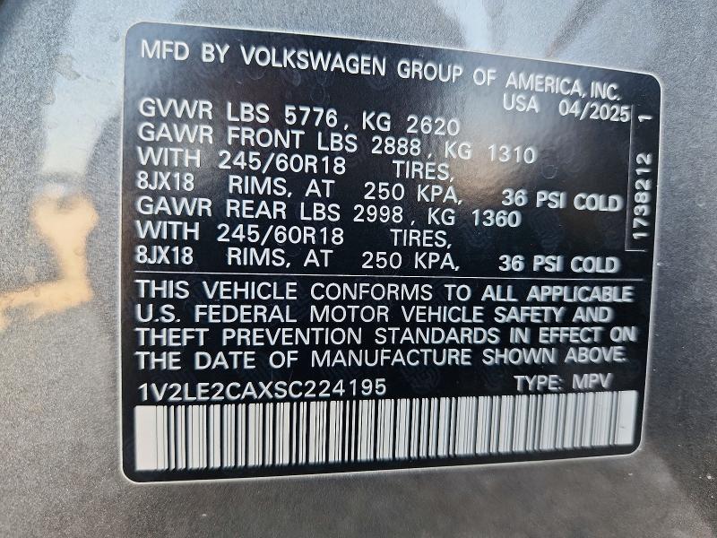 62136296 :رقم المزاد ، 1V2LE2CAXSC224195 vin ، 2025 Volkswagen Atlas Cross Sport مزاد بيع