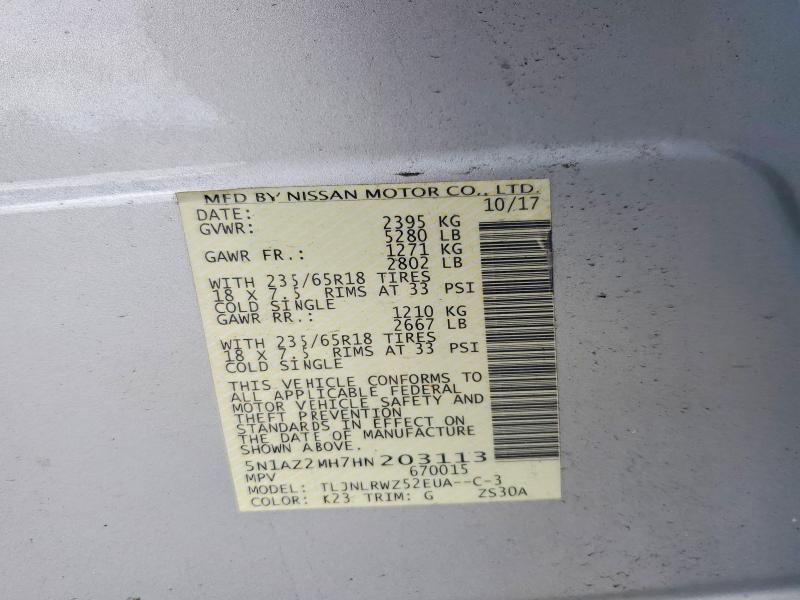 2017 Nissan Murano მანქანა იყიდება აუქციონზე, vin: 5N1AZ2MH7HN203113, აუქციონის ნომერი: 63167166