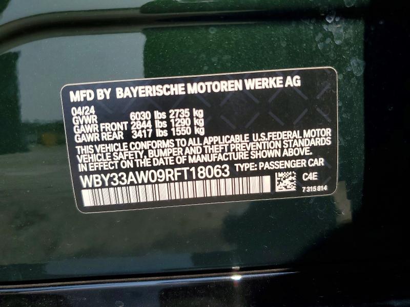 62114746 :رقم المزاد ، WBY33AW09RFT18063 vin ، 2024 Bmw I4 مزاد بيع