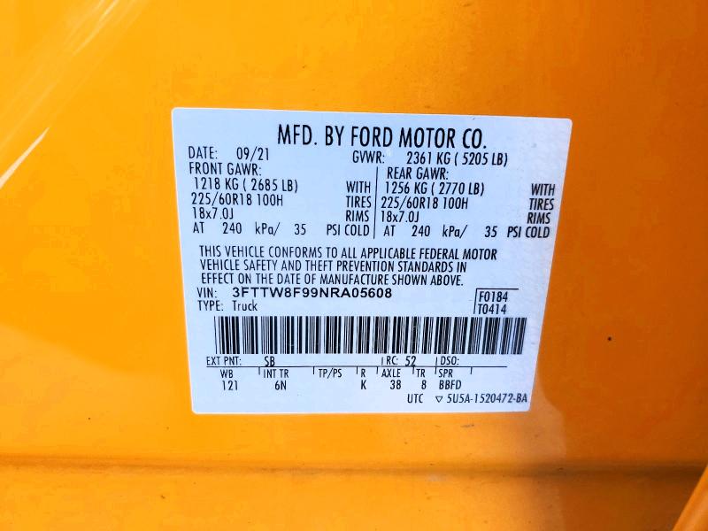 Продаж на аукціоні авто 2022 Ford Maverick, vin: 3FTTW8F99NRA05608, номер лоту: 59320146