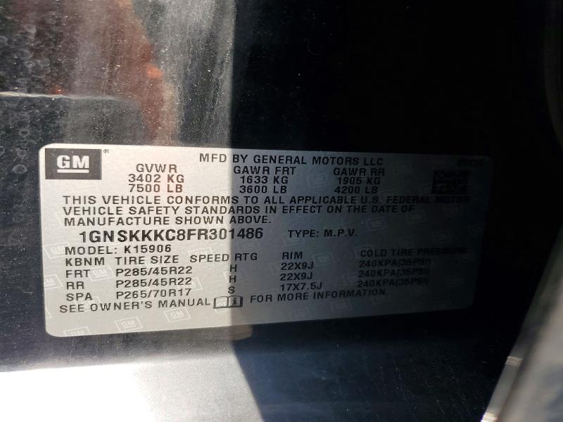 2015 Chevrolet Suburban მანქანა იყიდება აუქციონზე, vin: 1GNSKKKC8FR301486, აუქციონის ნომერი: 62448166