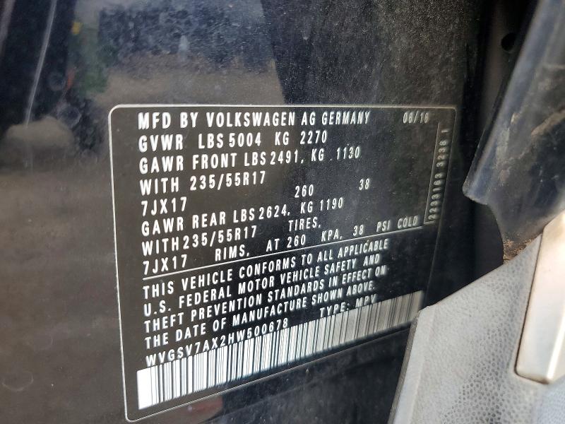 Продажа на аукционе авто 2017 Volkswagen Tiguan, vin: WVGSV7AX2HW500678, номер лота: 59397136