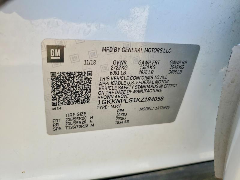 62800776 :رقم المزاد ، 1GKKNPLS1KZ184058 vin ، 2019 Gmc Acadia مزاد بيع