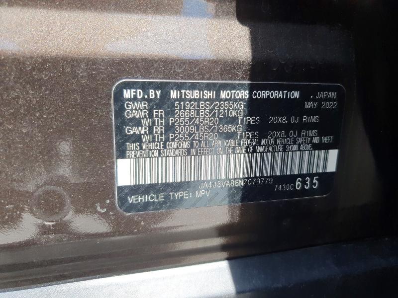 61183016 :رقم المزاد ، JA4J3VA86NZ079779 vin ، 2022 Mitsubishi Outlander مزاد بيع