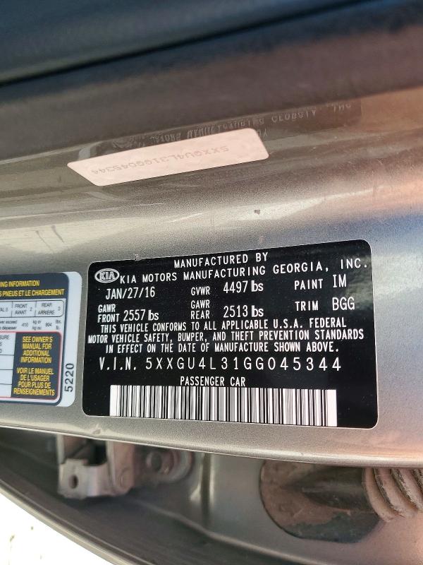 2016 Kia Optima მანქანა იყიდება აუქციონზე, vin: 5XXGU4L31GG045344, აუქციონის ნომერი: 60076676