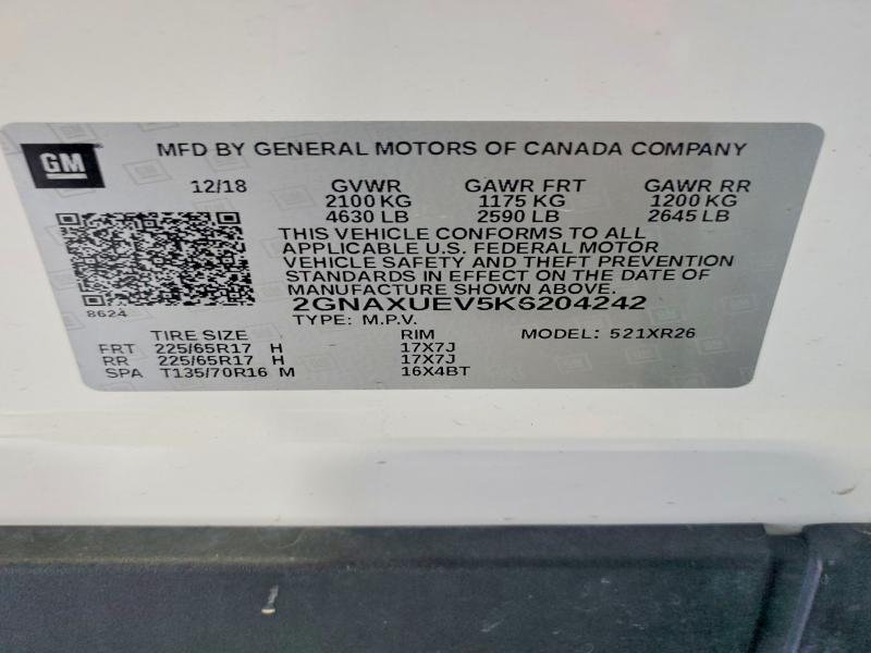 2019 Chevrolet Equinox მანქანა იყიდება აუქციონზე, vin: 2GNAXUEV5K6204242, აუქციონის ნომერი: 60462296