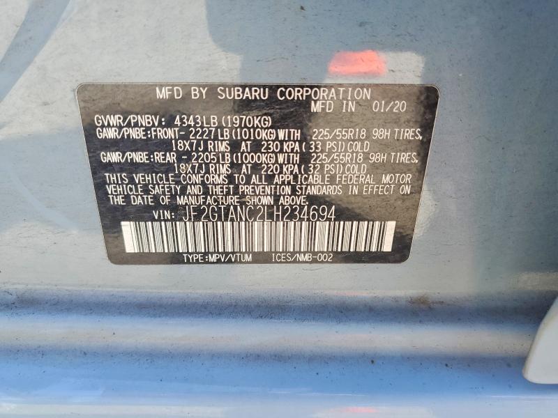 2020 Subaru Crosstrek მანქანა იყიდება აუქციონზე, vin: JF2GTANC2LH234694, აუქციონის ნომერი: 60326536