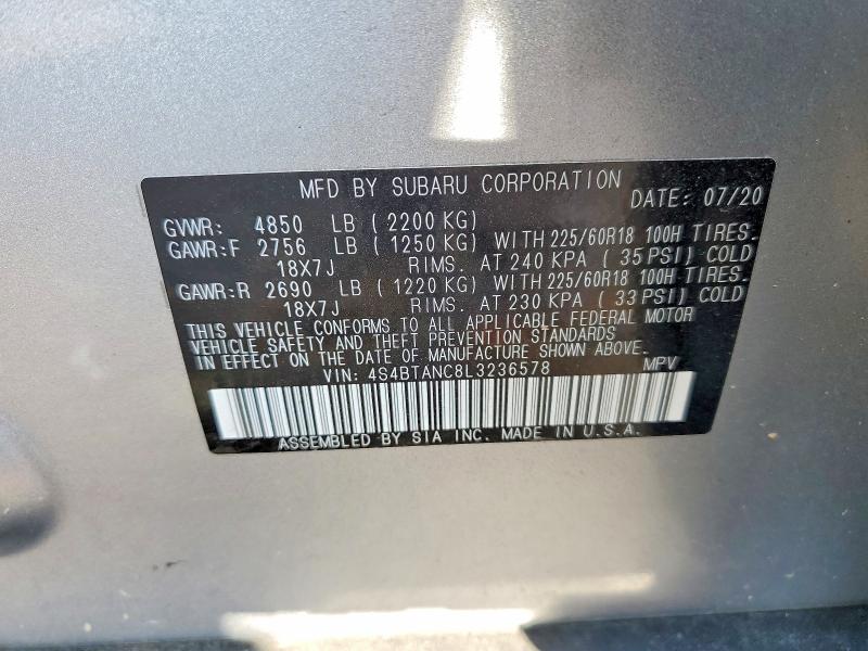 2020 Subaru Outback მანქანა იყიდება აუქციონზე, vin: 4S4BTANC8L3236578, აუქციონის ნომერი: 59260056