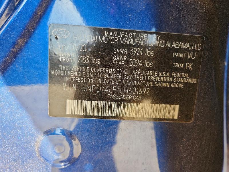 Продажа на аукционе авто 2020 Hyundai Elantra, vin: 5NPD74LF7LH601692, номер лота: 60019626