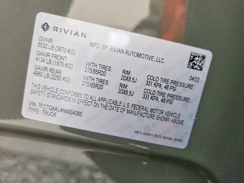 Продаж на аукціоні авто 2022 Rivian R1t, vin: 7FCTGAAL4NN004385, номер лоту: 62009576