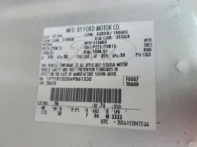 Aukcja sprzedaży 2004 Ford Ranger, vin: 1FTYR10D04PB61530, numer aukcji: 59672166