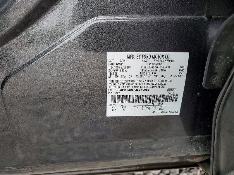 60832796 :رقم المزاد ، 2FMPK3J96KBB40056 vin ، 2019 Ford Edge مزاد بيع